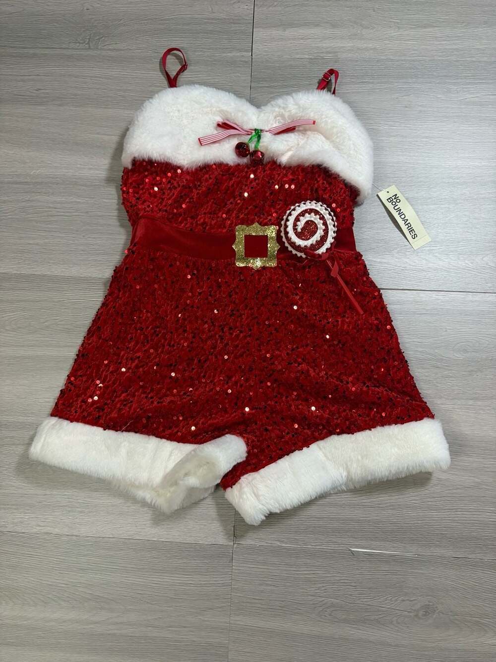 No Boundaries Christmas Santa Romper with Faux Fur Trim Sequin